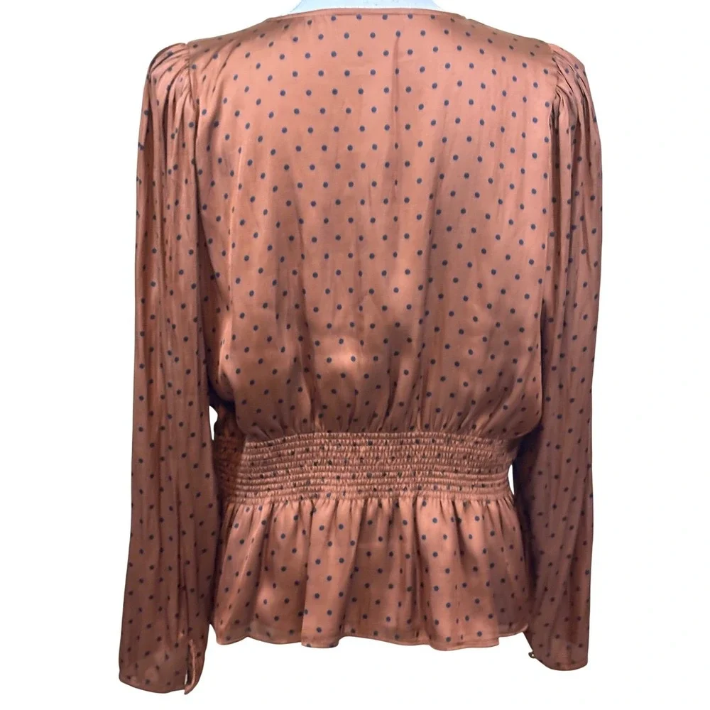 Banana Republic Polka Dot Smocked Waist Peplum Blouse Bronze Brown Large NWT